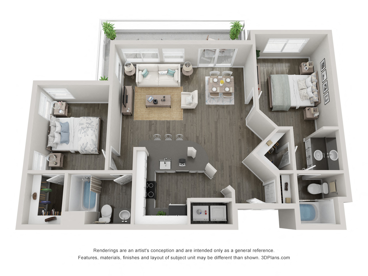Floor plan for 2 beds, 2 baths, 1088 sqft
